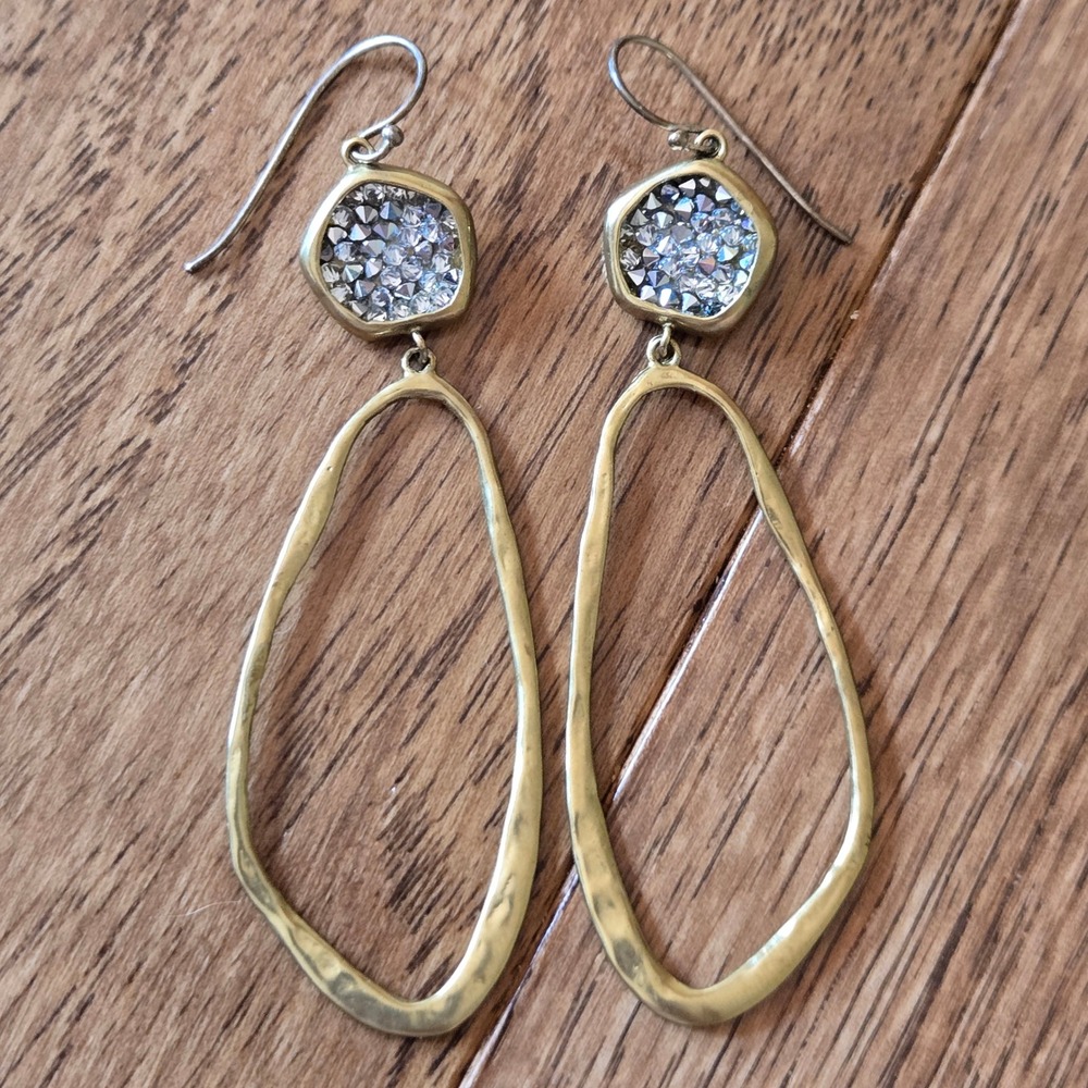 Waxing Poetic Hammered Brass Kristal Crystal Open Teardrop Drop Earrings 3 Inch